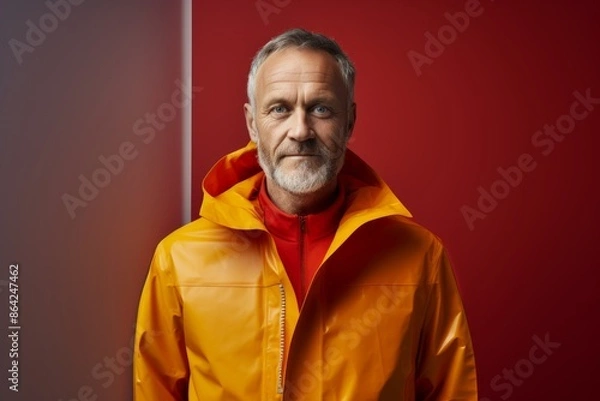 Fototapeta Portrait of a content man in his 50s wearing a vibrant raincoat in front of modern minimalist interior