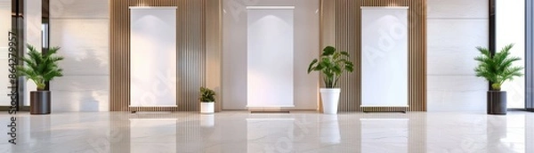 Fototapeta Modern, elegant lobby interior with polished floors, large windows, potted plants, and minimalistic wall design. Bright and welcoming space.