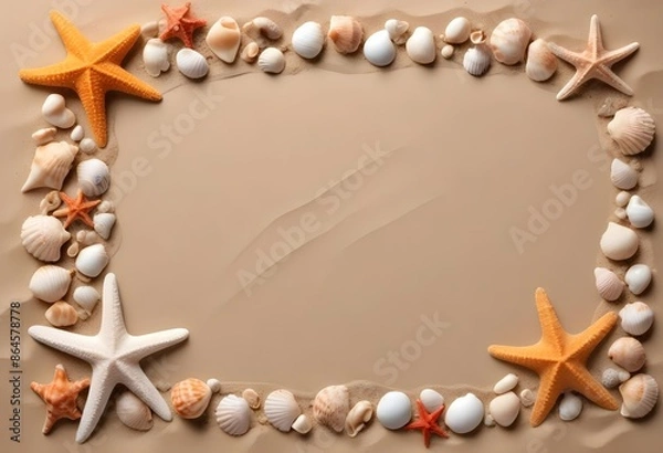 Fototapeta Starfish and shells framing over a sand beach background, free space in the middle