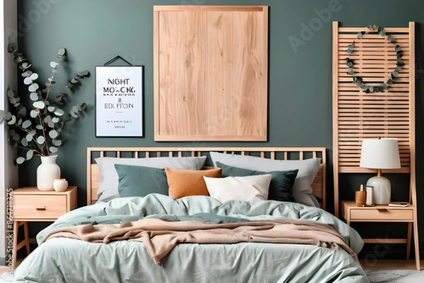 Fototapeta Stylish composition of modern bedroom interior. Mock up poster frame, wooden night table, bed, folding screen and creative personal accessories. Eucalyptus wall. Template. Copy space.