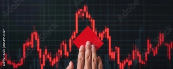 Fototapeta Business hand with red alert graph on financial chart against dark background, market volatility