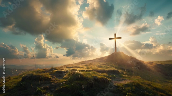 Fototapeta A cross on a hill, sunset background