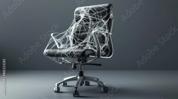 Fototapeta Office chair covered in cobwebs against a dark background, symbolizing neglect and abandonment in professional settings.