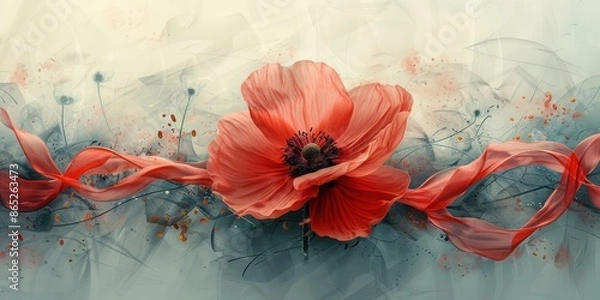 Fototapeta Red Poppy and Ribbon in a Watercolor Landscape