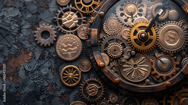 Fototapeta Close-up of intricate bronze gears and mechanisms in a steampunk style..