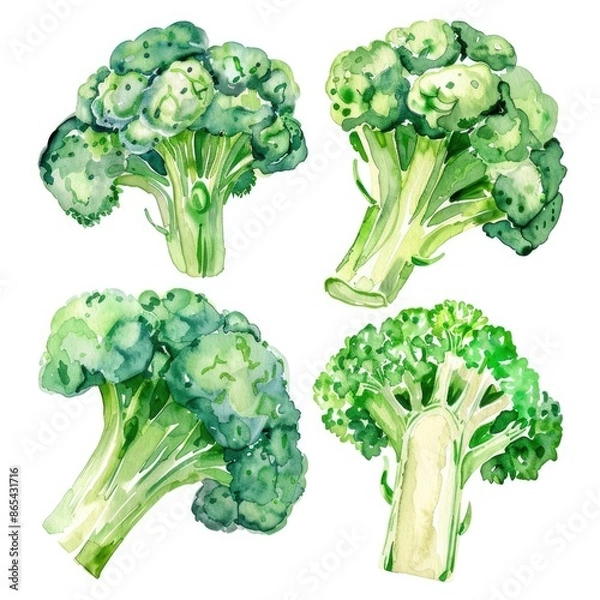 Fototapeta Hand-drawn Watercolor Broccoli Set for Healthy Cooking and Eating