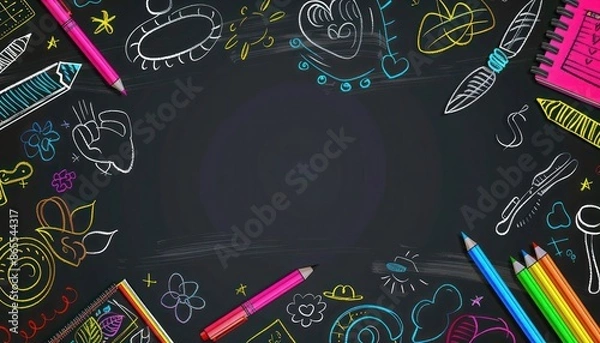 Fototapeta Blackboard banner with vibrant stationery and detailed doodles, back to school theme.