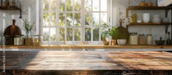 Fototapeta Textured Surface Table for Displaying Products in Front of Blurred Kitchen Window