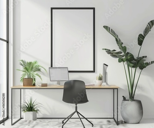 Fototapeta A modern desk setup in a contemporary styled room with a blank wall frame, perfect as an abstract background or best-seller wallpaper