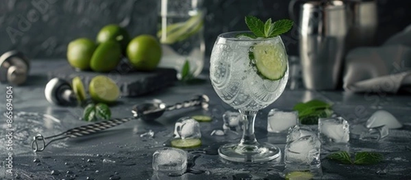 Fototapeta Alcoholic cocktail: Gin and tonic served with cucumber and ice, presented on a grey backdrop with bar utensils nearby.