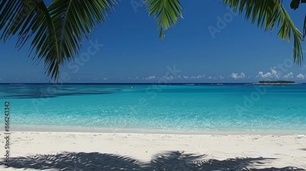 Fototapeta Pristine white sand beach meets turquoise waters under clear blue sky. Palm fronds cast intricate shadows on foreground sand. 