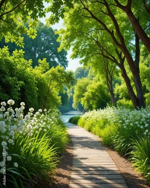 Fototapeta A vibrant photograph of a serene riverside path lined with lush green trees and flowering plants. The clear blue sky adds to the tranquility.