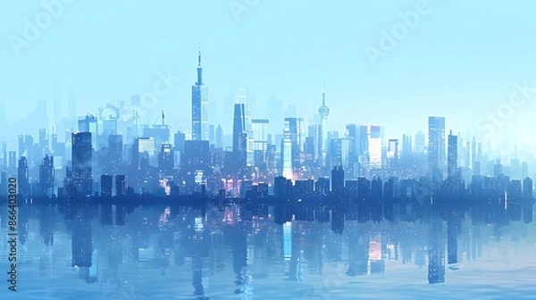 Fototapeta Futuristic City Skyline with Iconic Landmark and Glassy Reflections on Water