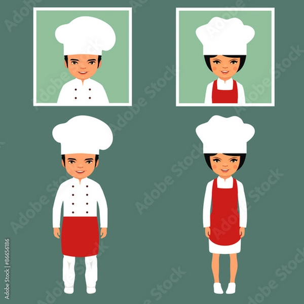 Fototapeta vector cooking illustration, cartoon cook icons, restaurant chef hats