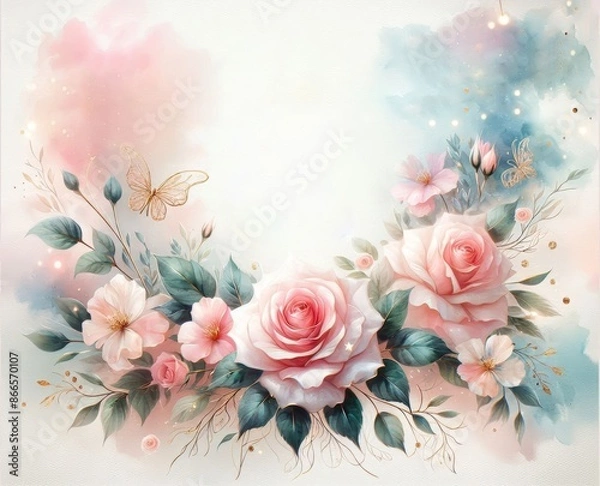 Fototapeta Delicate watercolor floral arrangement with pink roses, butterflies, and pastel splashes