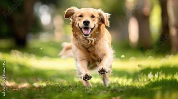 Fototapeta Cheerful golden retriever running joyfully in a park