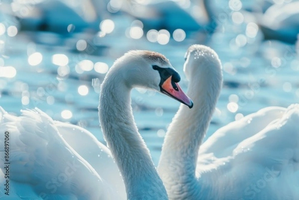 Fototapeta Swans in a Serene Embrace on a Sunlit Lake.