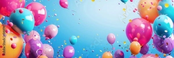 Fototapeta A cheerful backdrop of colorful balloons floating against a bright blue sky. Perfect for party decorations, celebrations, and festive events. Generative AI