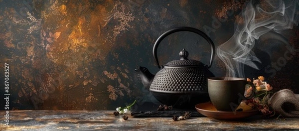 Fototapeta Authentic vintage style tea arrangement with a dark tea backdrop featuring a black iron Asian teapot, a steaming mug of tea, and space for your design. Traditional tea ceremony display.