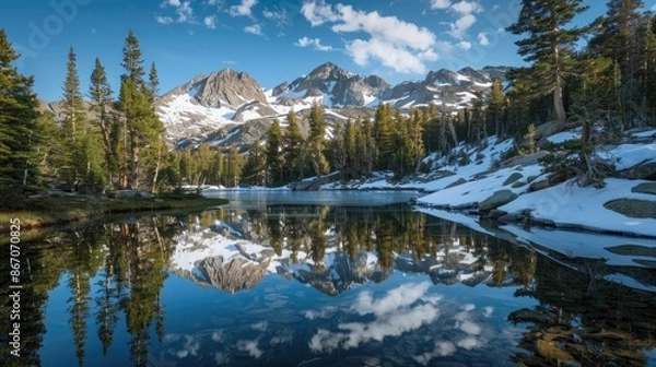 Fototapeta A serene alpine lake surrounded by pine trees, with snow-covered peaks reflecting in the water.