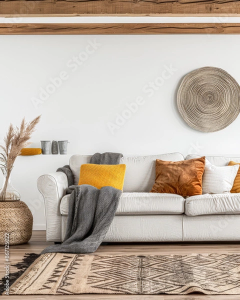 Fototapeta Residential interiors design composition in warm tone with natural window lighting, stylish furniture and copy space. Rustic Real Estate advertising composition.