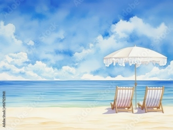 Fototapeta Soft watercolor illustration, A peaceful summer beach with gentle waves and a bright, sunny sky