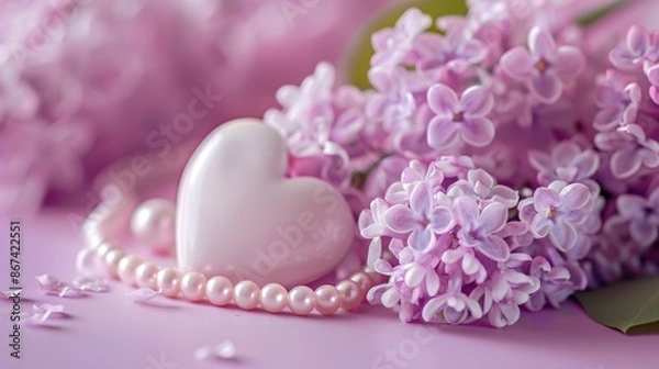 Fototapeta Bouquet of pink lilac with ceramic heart and pearl beads on lilac background