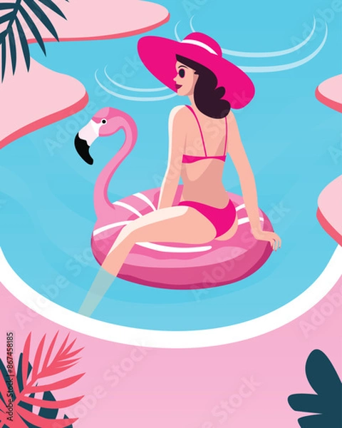 Fototapeta Woman in a pink swimsuit in the pool on a swim ring summer illustration, banner. Pool party