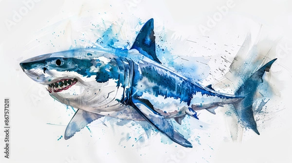 Fototapeta Watercolor illustration of a great white shark swimming in the ocean