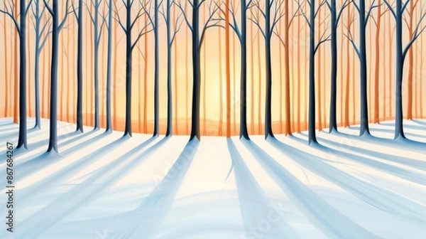 Fototapeta A serene winter sunset in the woods, snow-covered trees casting long shadows, the sky painted in shades of orange and pink, a peaceful atmosphere with a hint of warmth from the setting sun