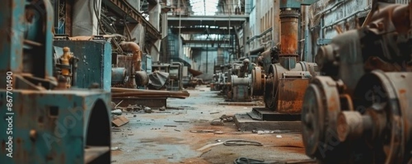 Fototapeta Abandoned industrial factory interior with old rusted machinery, conveying a vintage, deserted environment with a sense of decay and neglect.