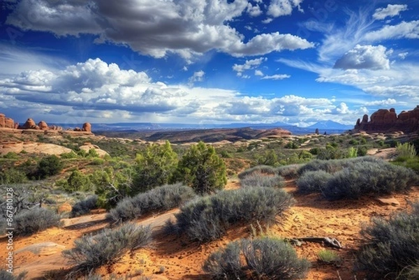 Fototapeta National Park. Arches National Park America Beauty with Blue Skies and Delicate Clouds