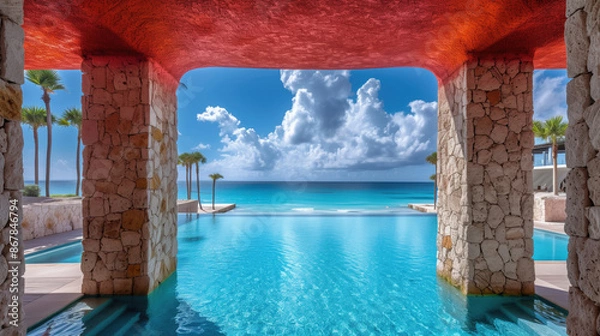 Fototapeta Tropical beach view through stone arch. Vacation paradise concept.