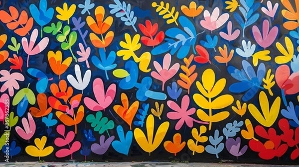 Fototapeta Vibrant Floral Mural on a Dark Background