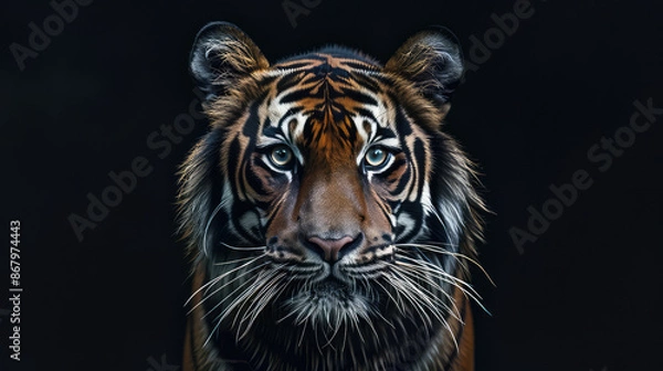 Fototapeta Against a dramatic black backdrop, the powerful and fierce head of a Sumatran tiger commands attention. 