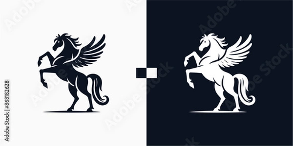 Fototapeta Pegasus horse logo, Pegasus Skyline vector design inspiration, Monochrome Emblem of Running Pegasus isolated on white, Vector image of a silhouette of a mythical creature of Pegasus Illustration