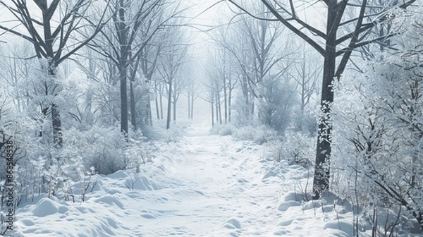 Fototapeta Snow-covered forest path quiet and peaceful