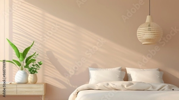 Fototapeta A minimalist apartment bedroom in soothing brown hues, with simple furniture and decor creating a peaceful and inviting atmosphere. The image provides plenty of copy space for customization, ideal