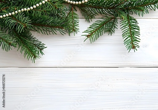 Fototapeta Minimalist Christmas Tree Branch On White Wood