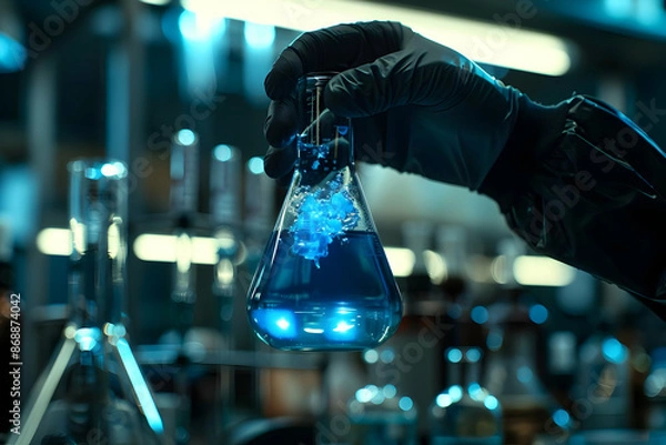 Fototapeta Scientist holding a glowing blue liquid in a laboratory flask, showcasing a science experiment in a high-tech lab environment.