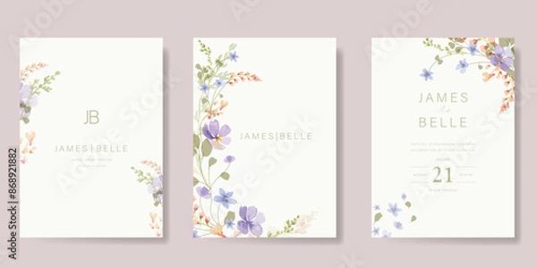 Fototapeta Elegant wedding invitation card background vector. Minimal hand painted watercolor botanical flowers texture template background. Design illustration for wedding, vip cover, poster, rsvp modern card.