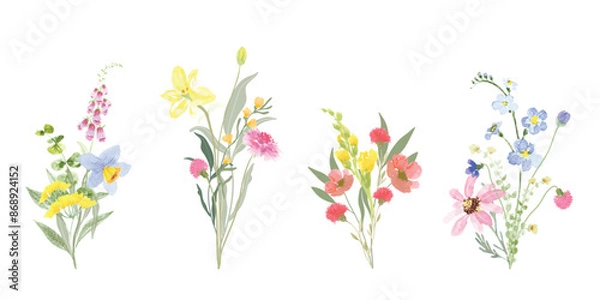 Fototapeta Set of bouquet vector. Watercolor floral arrangement with wildflower, rose, poppy, orchid, eucalyptus, leaves branch in minimal style. Botanical illustration design for logo, wedding, decor, print.