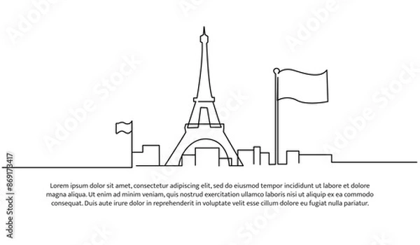 Fototapeta Continuous one line design of flag and tower of France. Minimalist style vector illustration on white background.