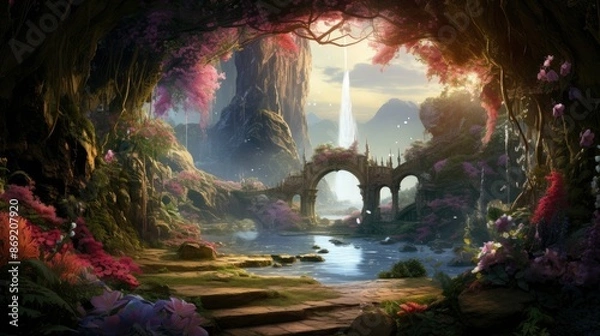 Fototapeta Mystical landscape with a stone bridge over a river in a magical forest. The bridge leads to a grand castle surrounded by waterfalls and mountains.