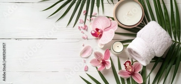 Fototapeta Spa Treatment Relaxation with Orchids and Palm Leaves