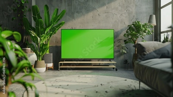 Fototapeta Contemporary loft with green screen TV, many plants.