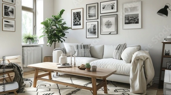 Fototapeta A cozy living room with a Scandinavian design, featuring a white sofa, wooden coffee table, and a wall adorned with black-and-white photographs.