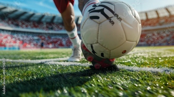 Fototapeta Dynamic Close-Up Action Shot of Soccer Player Kicking Ball on Stadium Turf for Sports Design