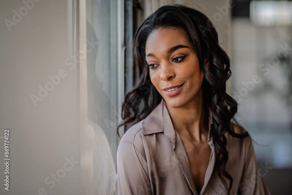 Fototapeta Close-up of an african-american woman standing at the window and smiling