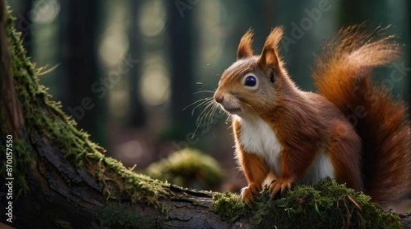 Fototapeta a red squirrel sits on a log in the woods